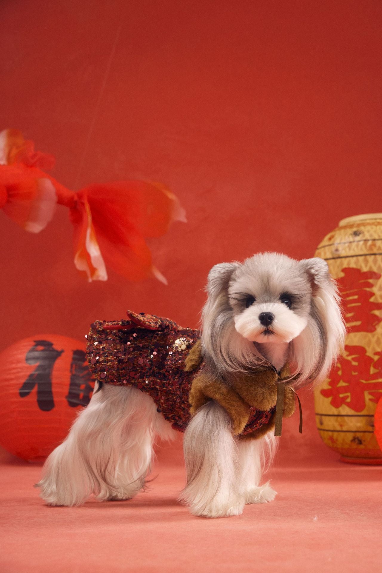 Luxury Red Sequin Dog Dress with Fur Collar and Bow