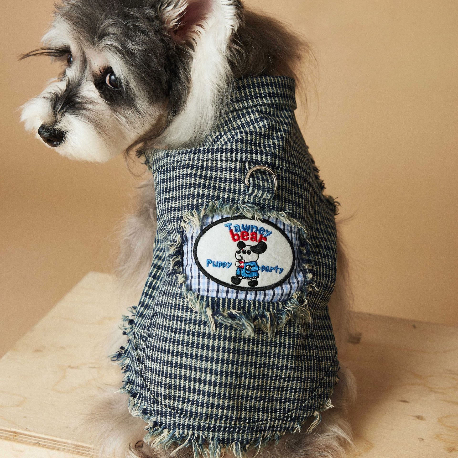 Vintage Plaid Dog Vest with Fringe and Embroidered Patch
