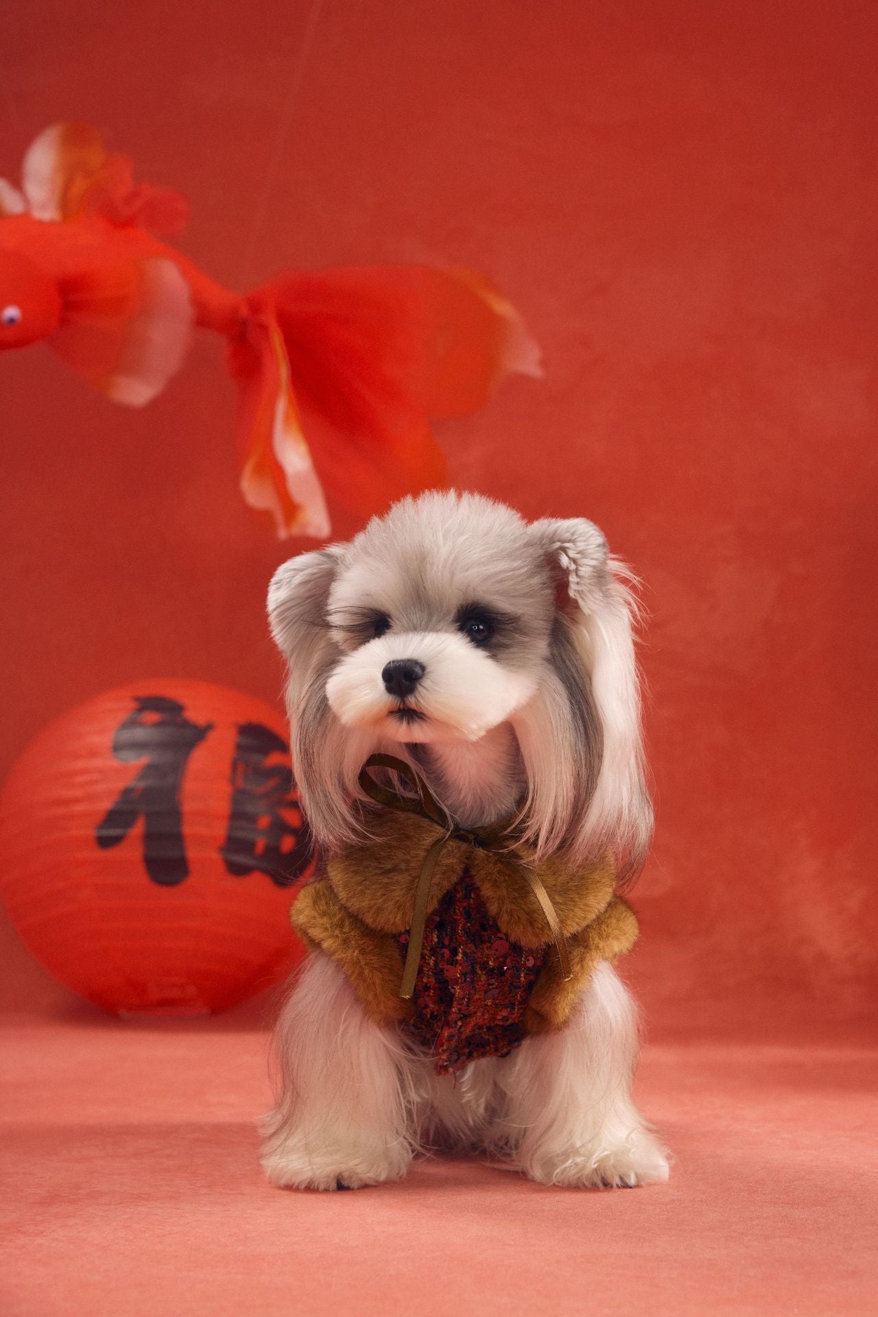 Luxury Red Sequin Dog Dress with Fur Collar and Bow