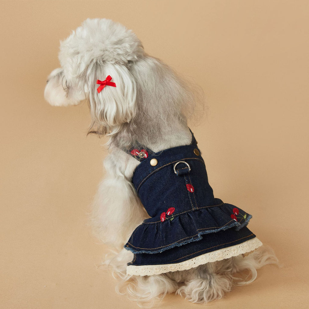 Vintage Cherry Embroidered Denim Dress
