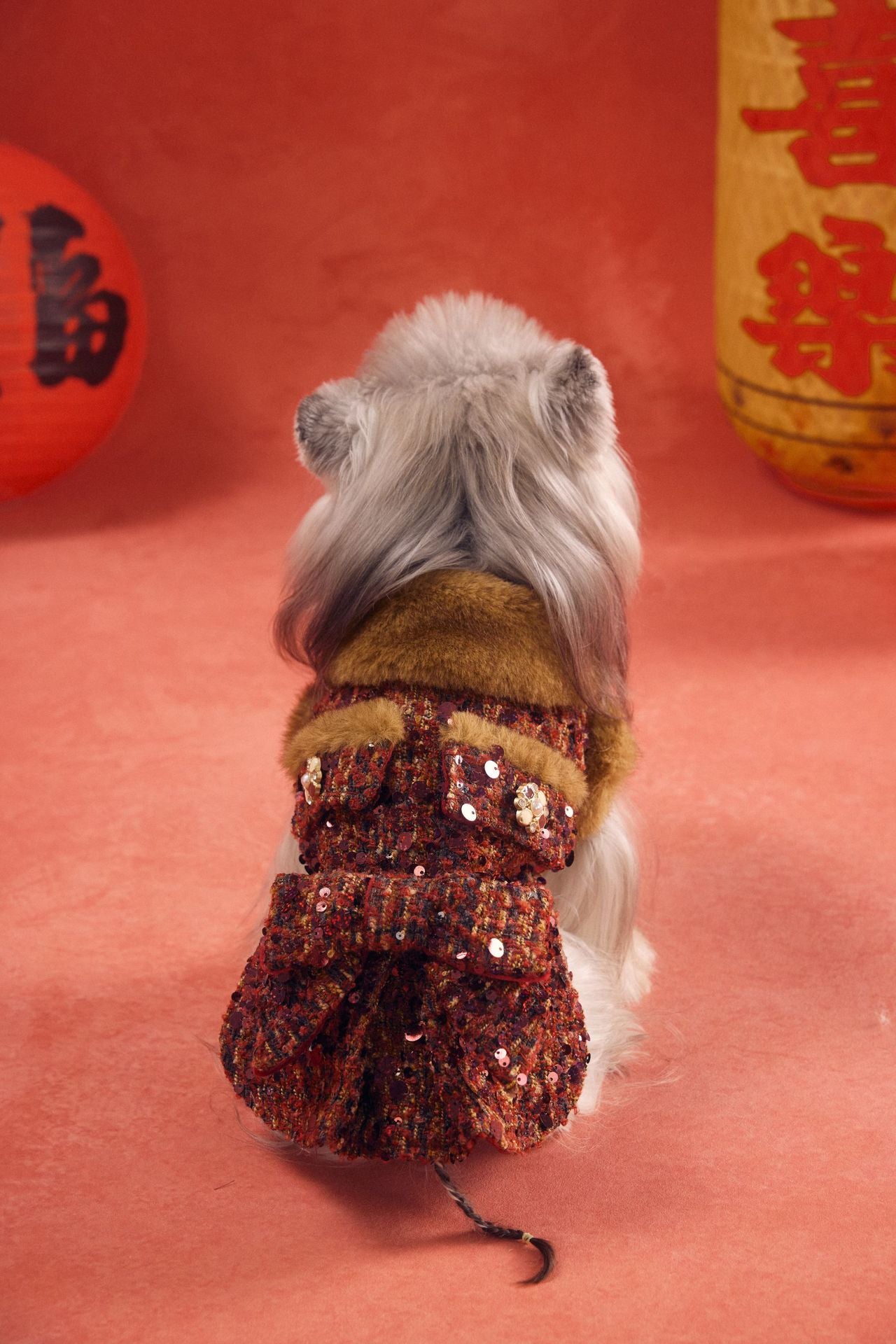 Luxury Red Sequin Dog Dress with Fur Collar and Bow