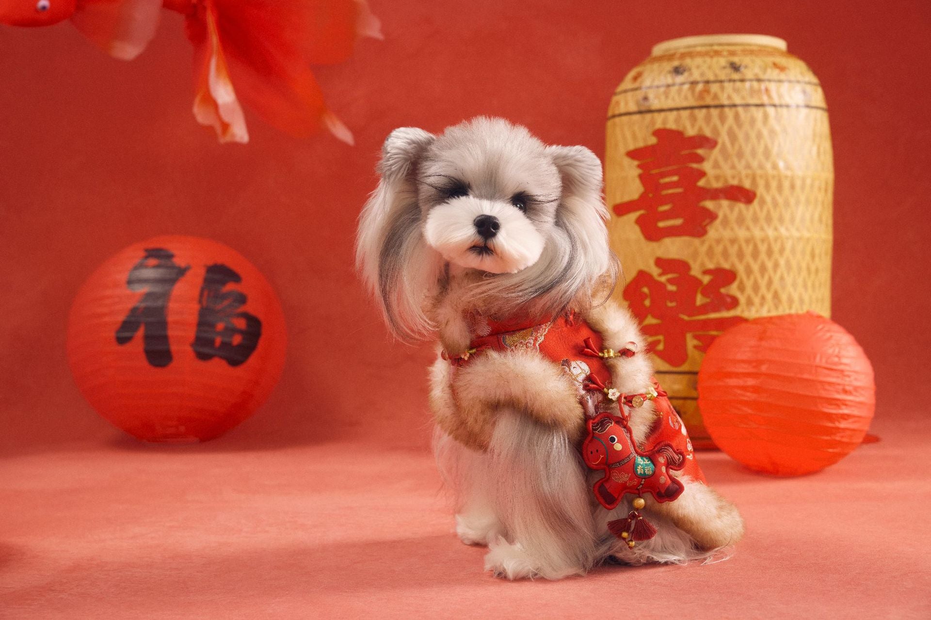 Furry Collar Pony Brocade Vest