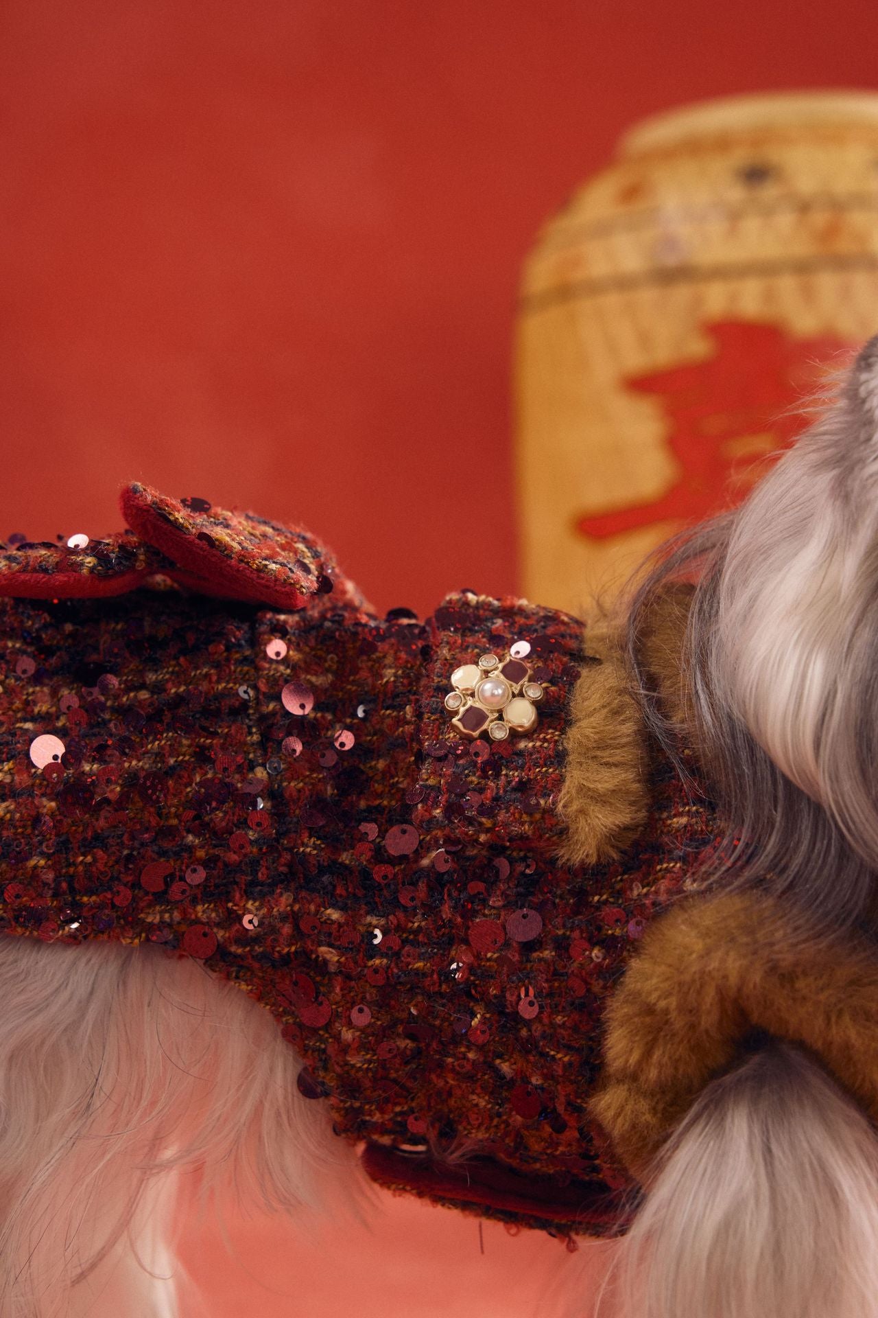Luxury Red Sequin Dog Dress with Fur Collar and Bow