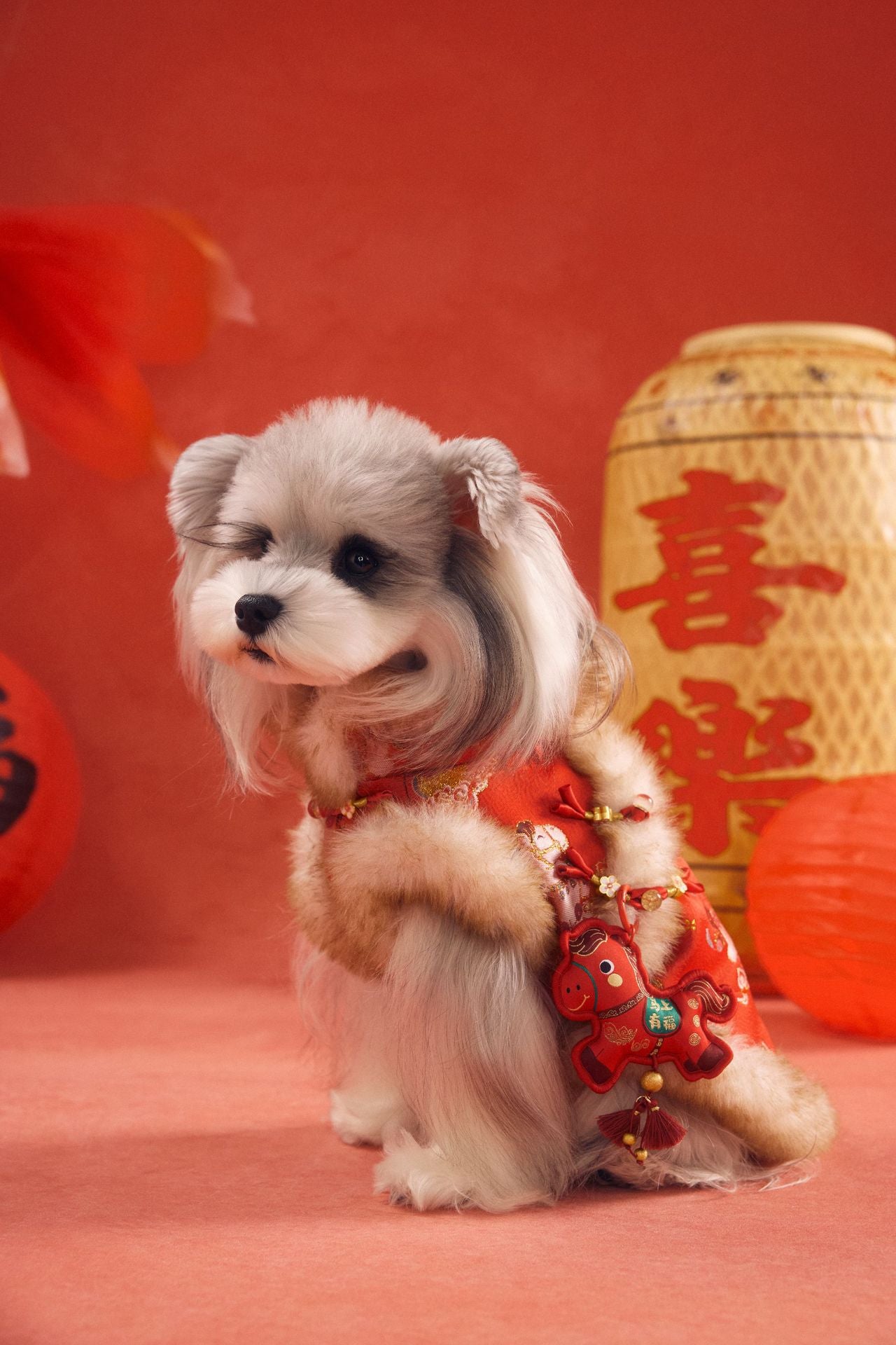 Furry Collar Pony Brocade Vest