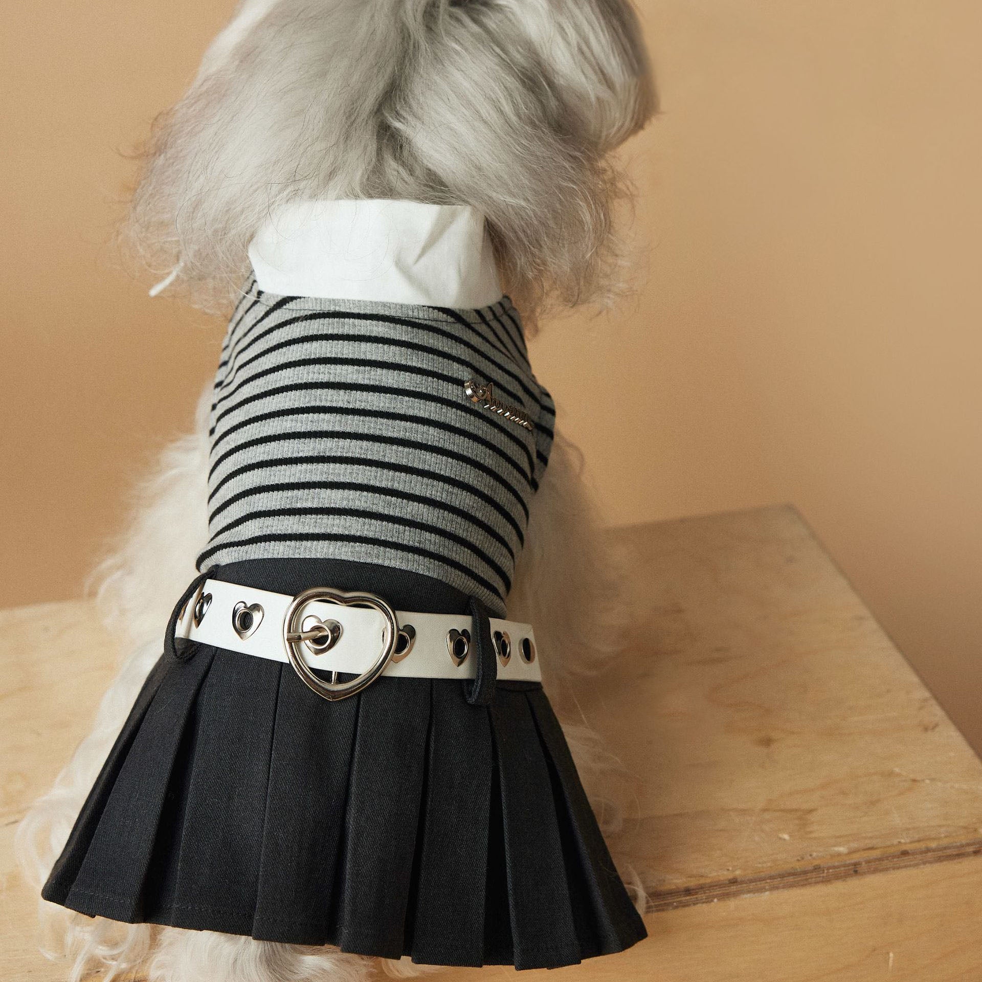 Striped Pleated Skirt Outfit with Heart Belt and Scarf